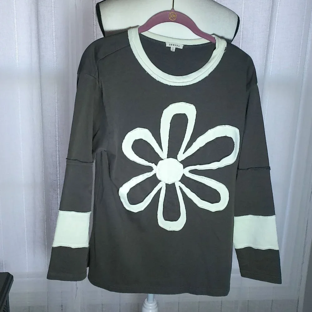 JODIFL Long Colorblocked Sleeve Scoop Neck Brown/ Cream Flower Design Top S